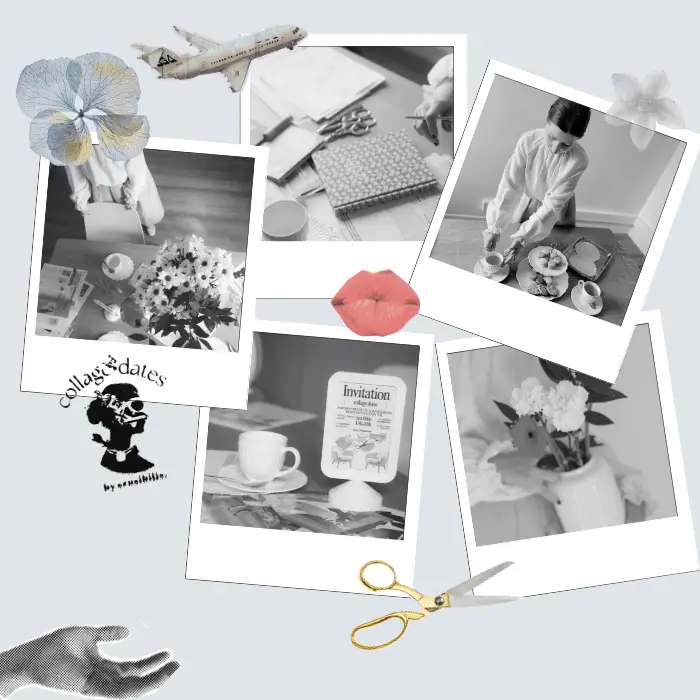 ateliers de connaissance de soi-rencontre de collage intuitif, ensemble de matériel de collage, ciseaux, fragments d'images, préparation de l'atelier